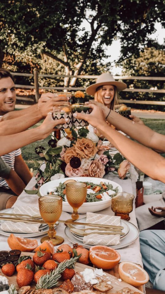 friends clinking wine glasses